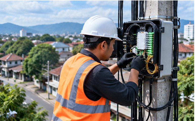 Teknisi lapangan menangani jaringan fiber